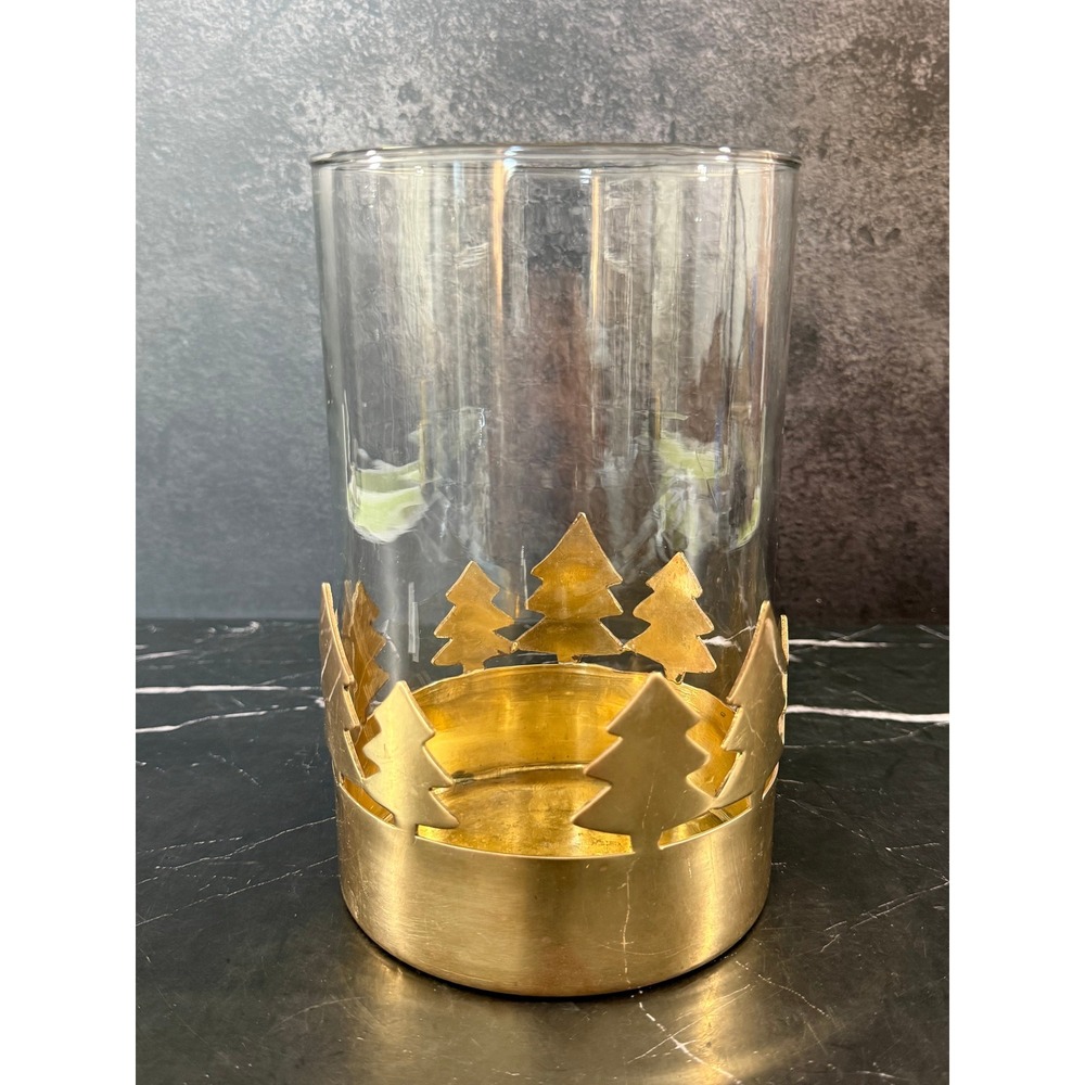 Vintage Brass Christmas Holiday Decor Pine Tree Hurricane Candle Holder 8in Tall